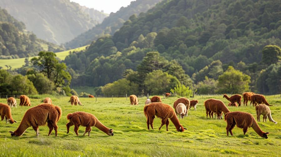 Alpacas grazing peacefully on a lush green pasture